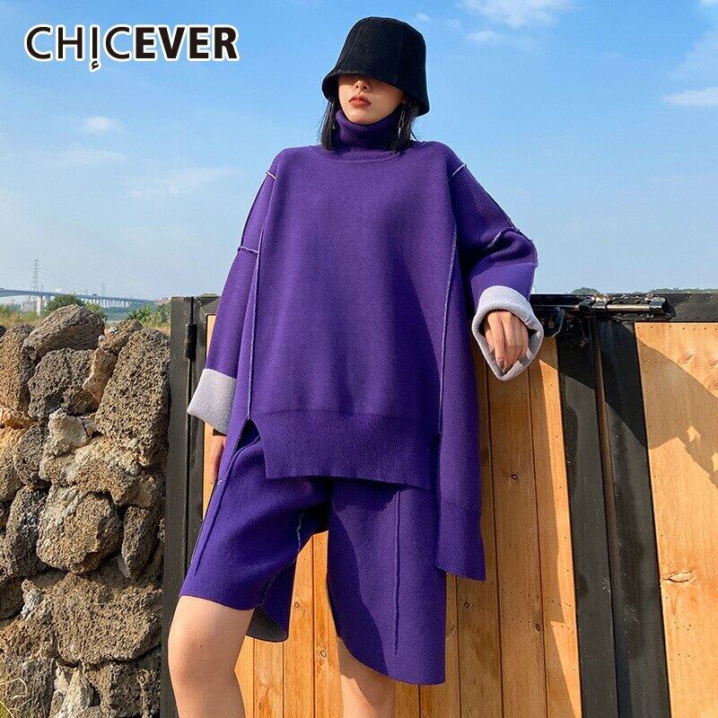 CHICEVERニットツーピースセットレディースタートルネック長袖ルーズプルオーバーウエスト膝丈ショーツ2020タイド ロング ブルマー 6base578840320925