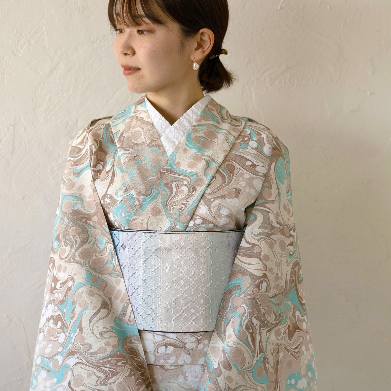 「シンデレラベージュ」❤︎マーブル柄×ドット〜洗えるきもの（シルジェリー）〜