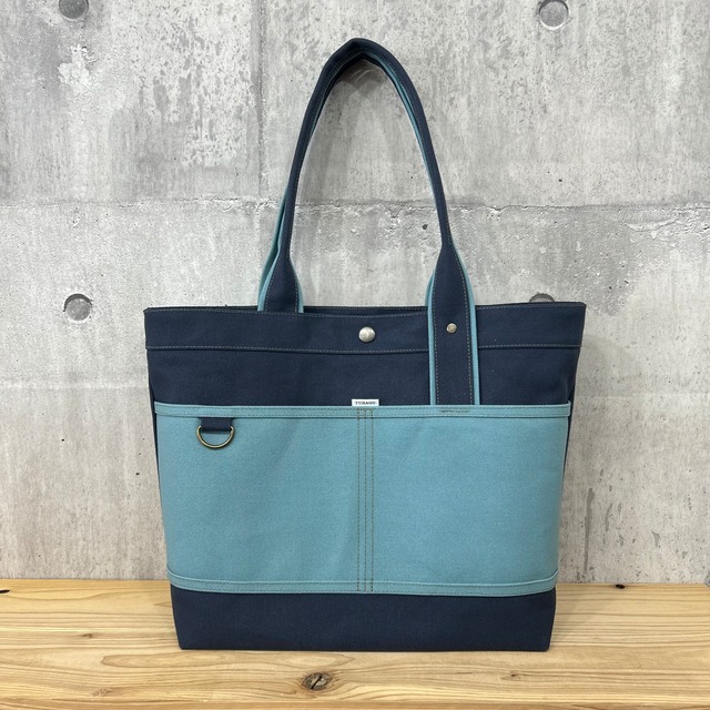 Bi Color Tote "L" / 内ポケット×5付 【ディープオーシャン×アイスグレー】
