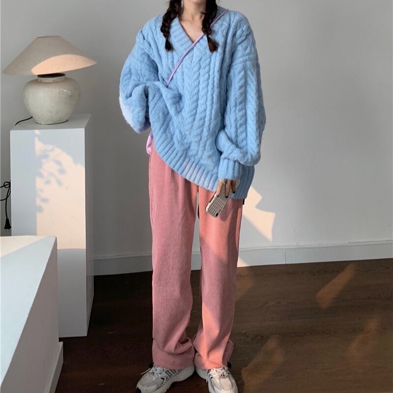 ウールニットセーター Vネックジャケット ハイウェストウェストスリムワイドレッグパンツ ワイドパンツ YY-ファッション78408574304