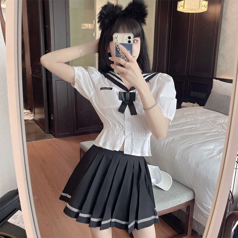 ネイビーリボンスリーブシャツ トップス ハイウェストウェストプリーツスカート ハンチェンe90174290001