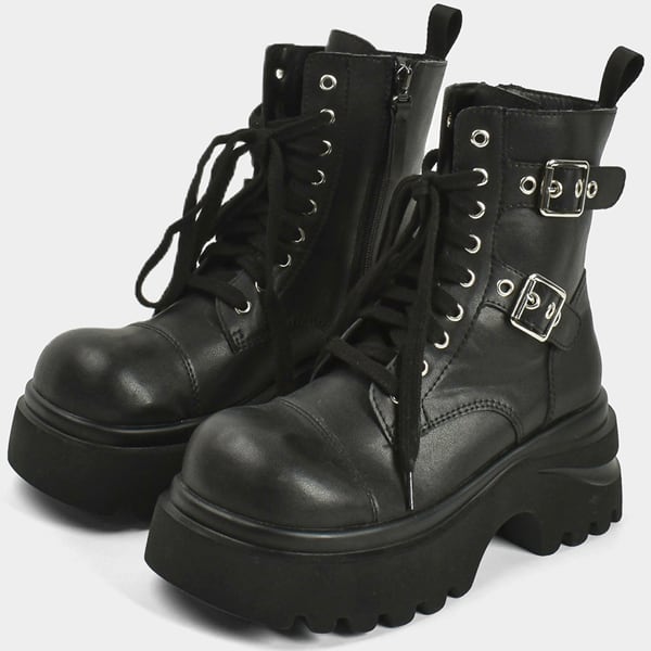 ◆【Ladies】サイドダブルバックルジッパーレースアップブーツ(ruf_02594)