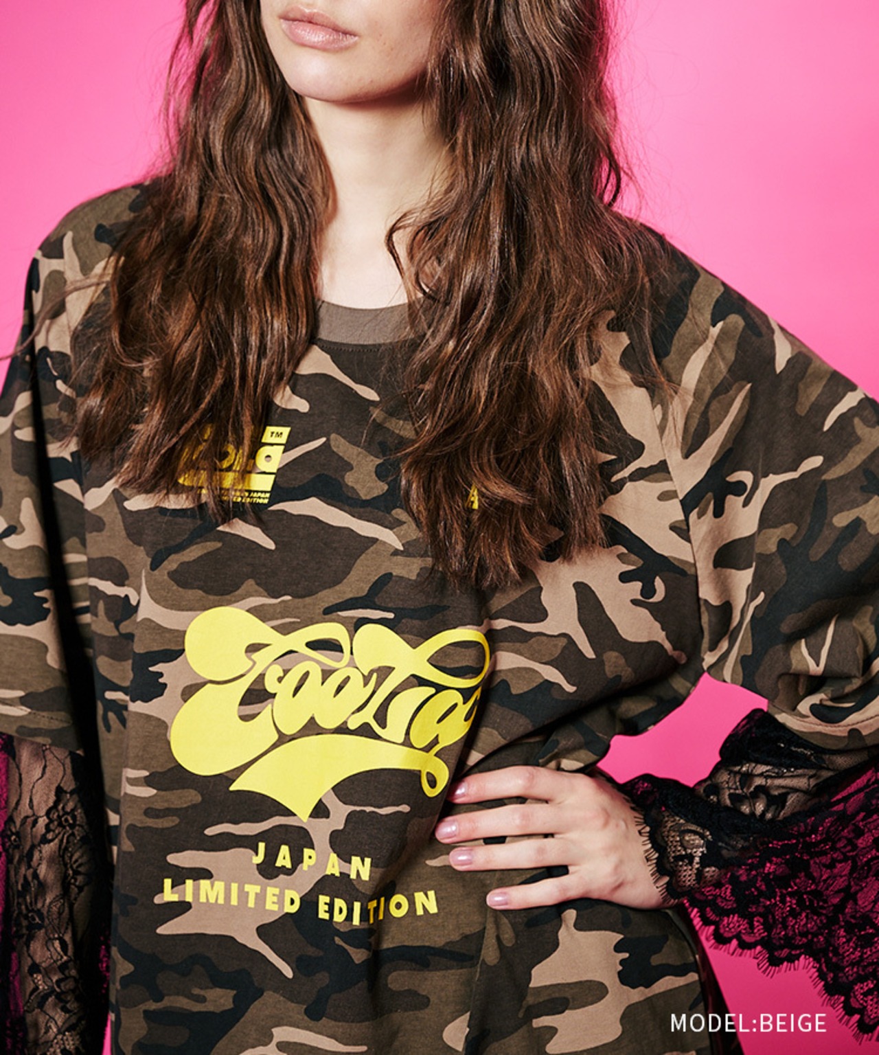 レーススリーブレイヤードカモTシャツ (BEIGE)　CQ-48122