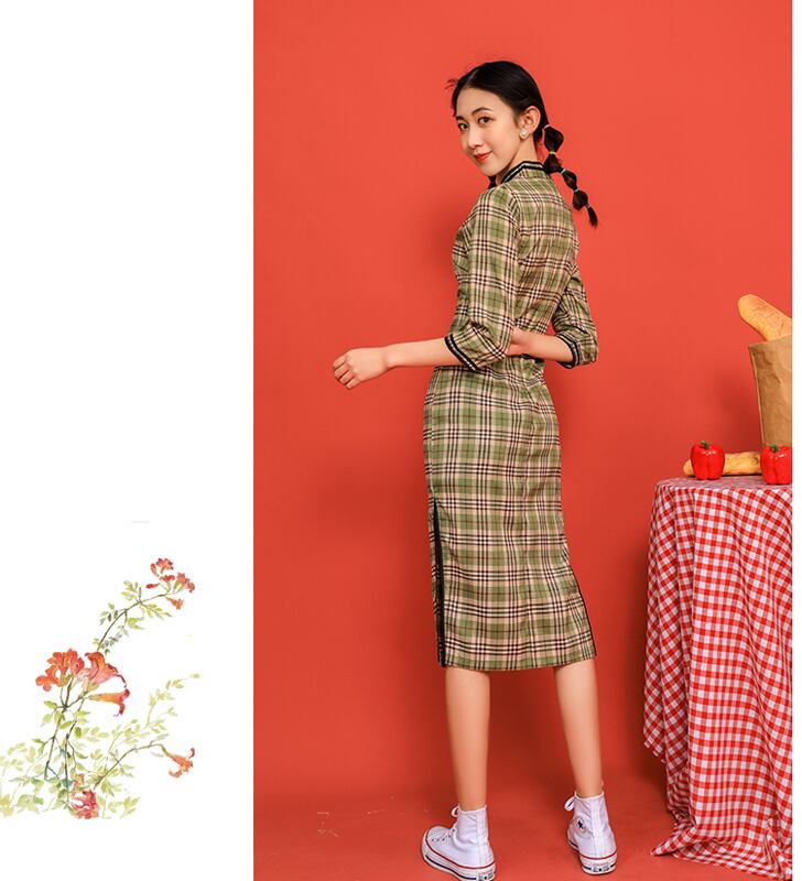 吾家有衣シリーズ チャイナドレス ワンピース チェック柄 ロング丈 チャイナ服 中s M L Ll 可愛い Elegant