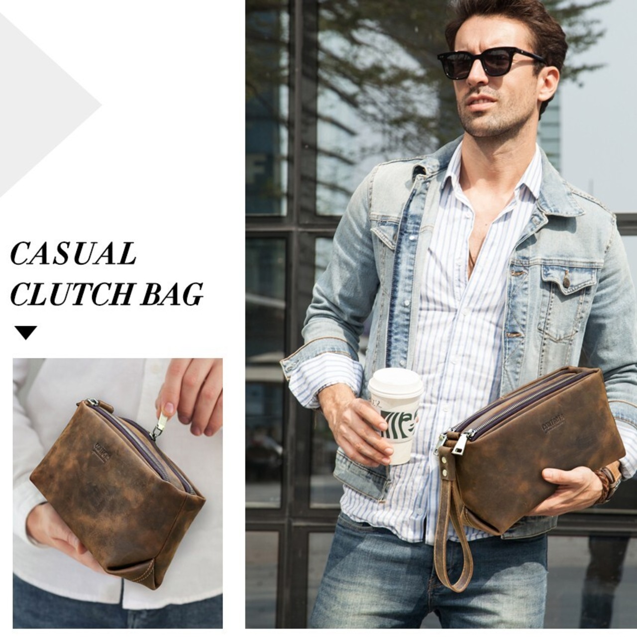 Double Zip Genuine Leather Clutch Bag / 本革 ダブルジップ レザー クラッチ バッグ