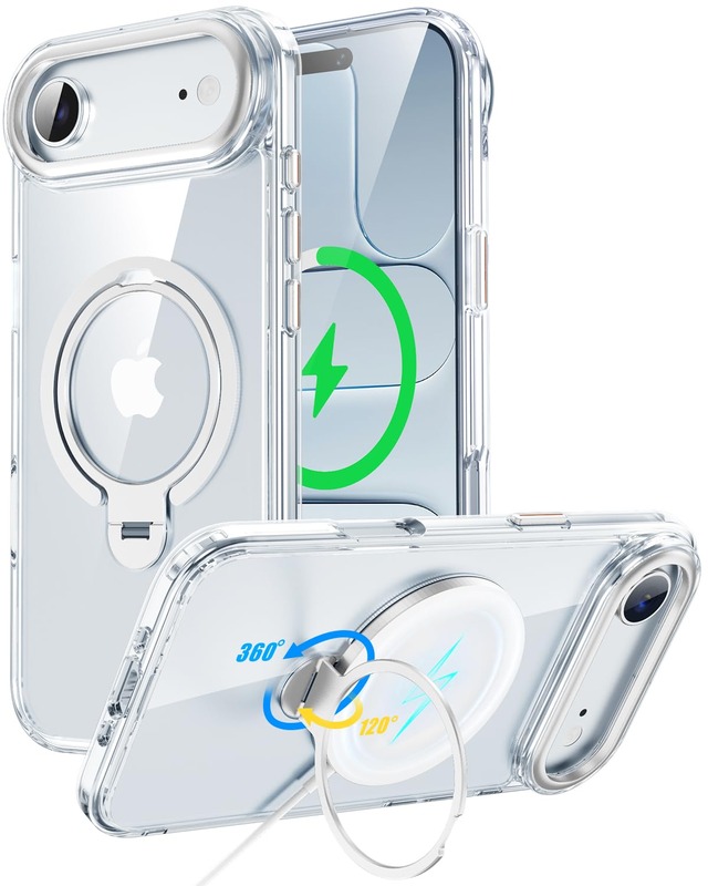 VioraShell iPhone Air ケース クリア Magsafe対応 ワイヤレス充電【MagSafeリング・スタンド独立式設計】 360°回転リング付き 縦横両対応 2mm背板 米軍MIL規格 耐衝撃 アイフォンAir 用 ケース メタルレンズ保護フレーム搭載 隠れ スタンド 収納段差ゼロ 背面フラット 透明感 指紋防止 黄変防止 ストラップホール付き