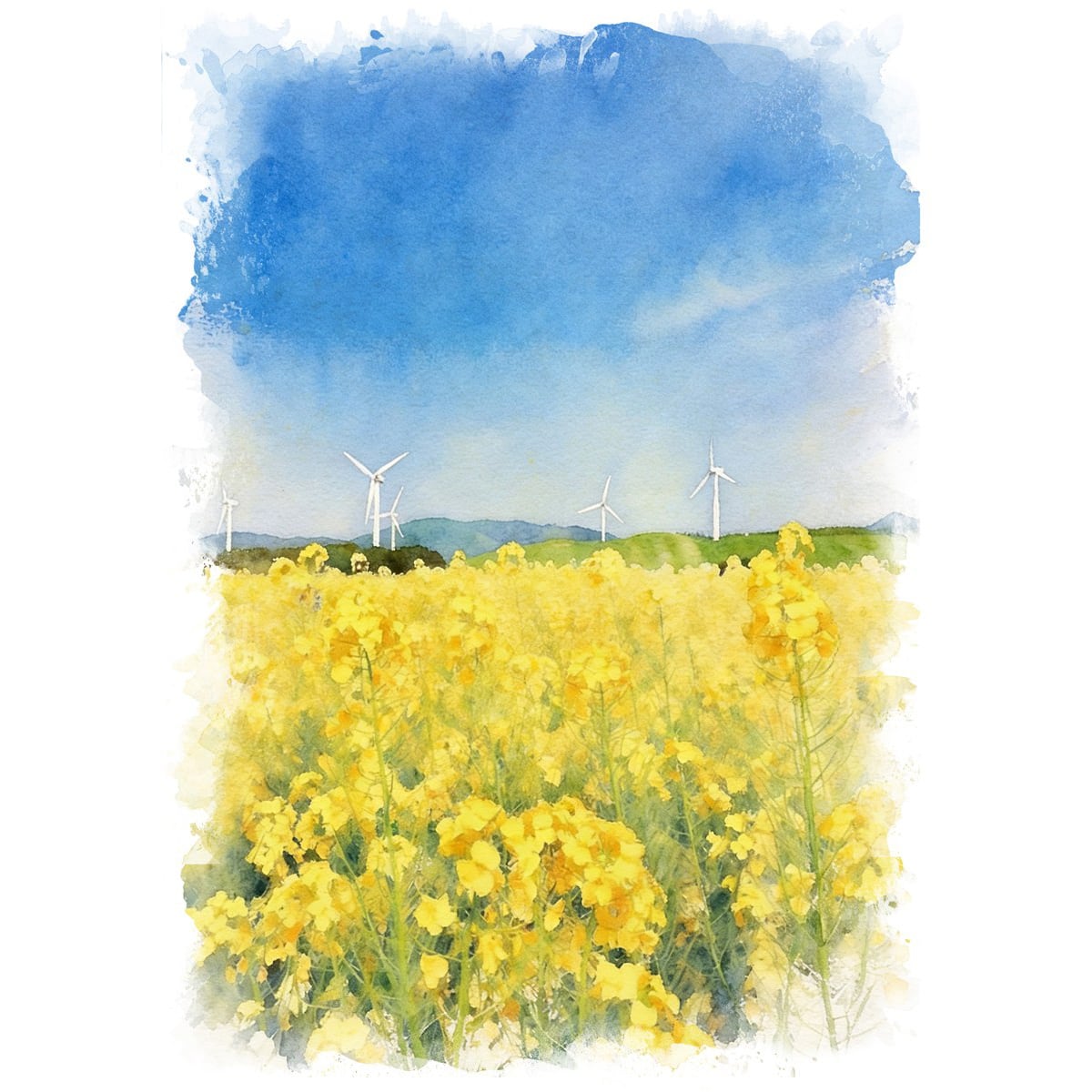 絵画(風景画) 日本の春 青森県横浜町の菜の花畑 インテリアアート額付き 水彩画・油絵風 WAT0815