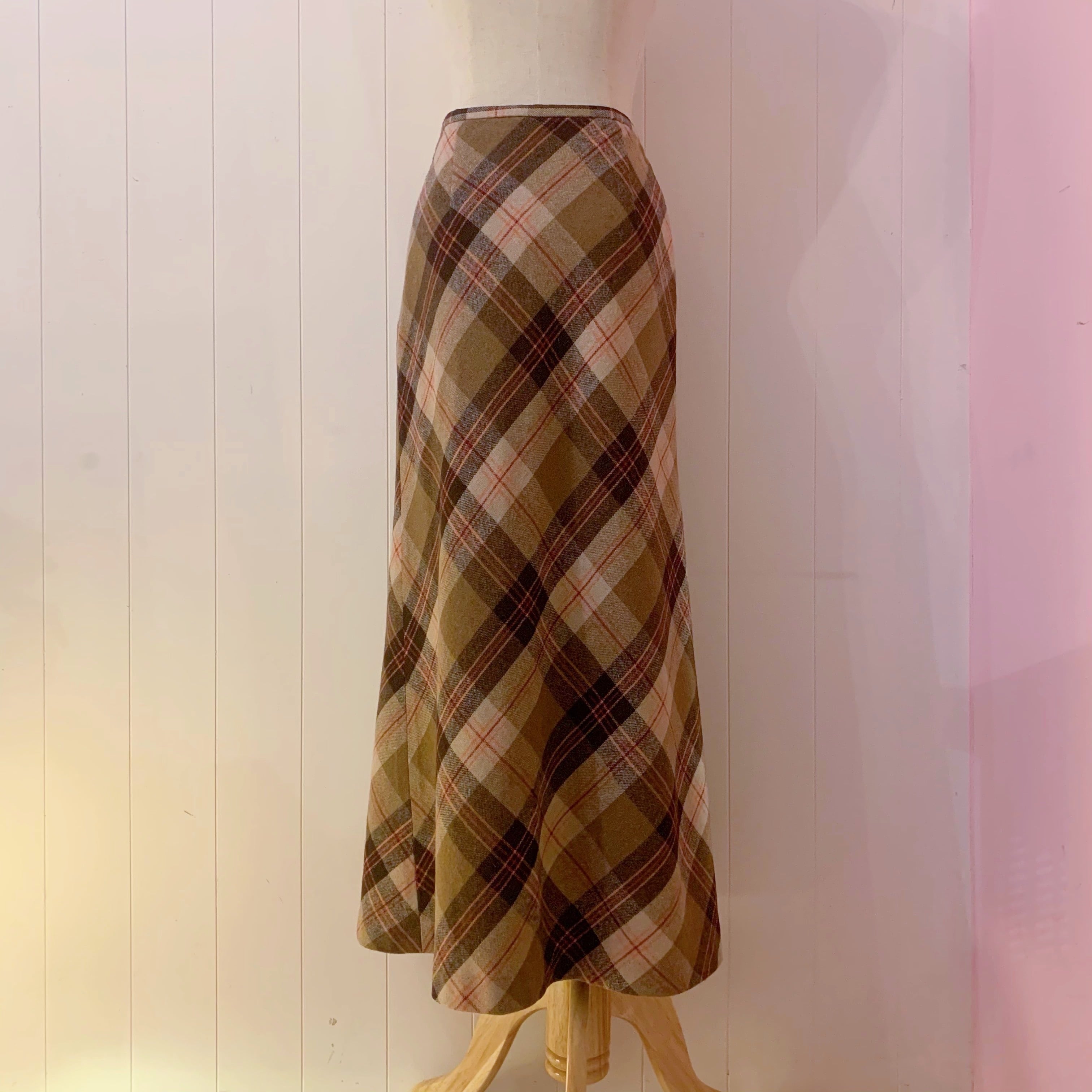 orange check wool long skirt