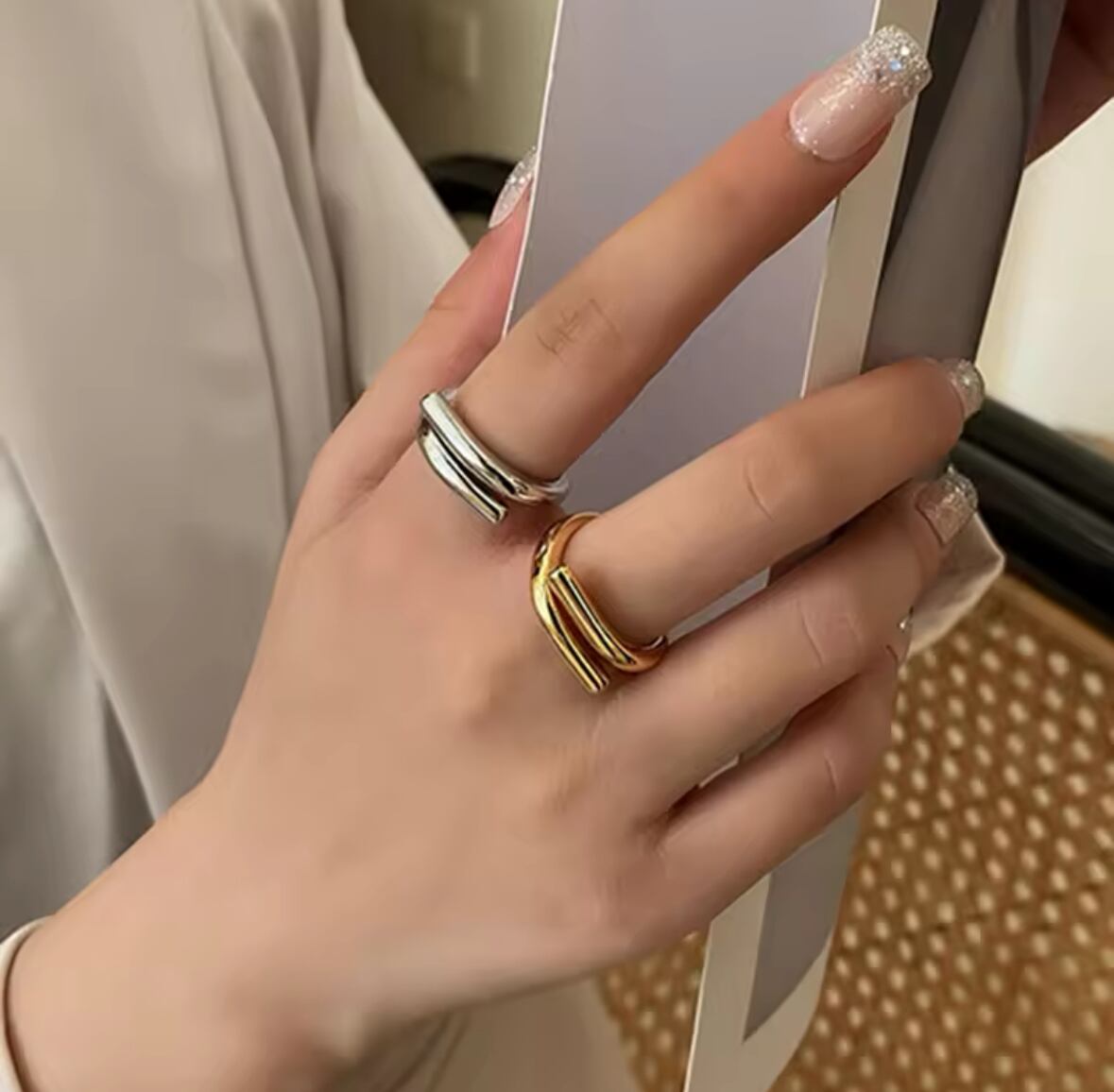 金アレ対応 幾何学デザインオープンリング(0746)