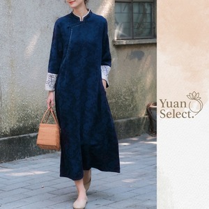 刺繍袖　ゆったりチャイナロングワンピース　2カラー　YS00190