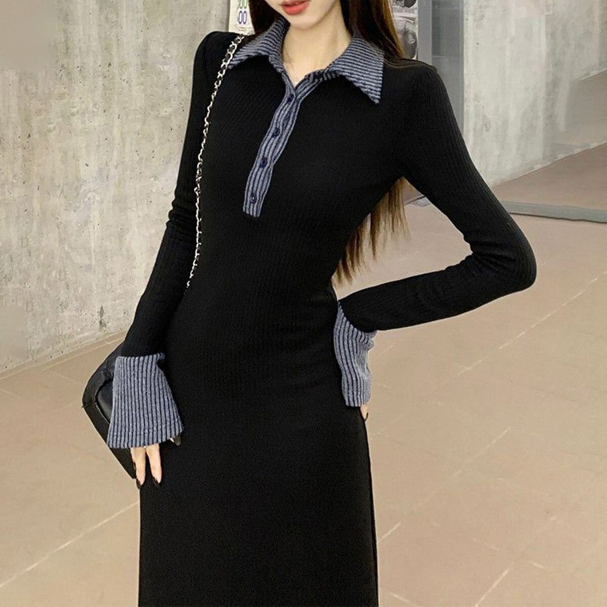 ポロ衿 ロングワンピース 長袖 レディース 春秋冬 韓国 ワンピース きれいめ 大人 かわいい カジュアル ハーフボタン 配色 ブラック 黒 リブニット ニットワンピース 大人可愛い 大人女子