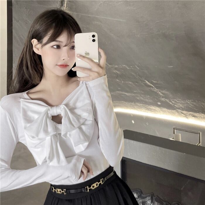 スプリングスリムシャツ レッドトップス Tシャツ レディース ロング リボン 大人ガーリー スウィート キュート カジュアル 春物 ドラファッションホール78233427368