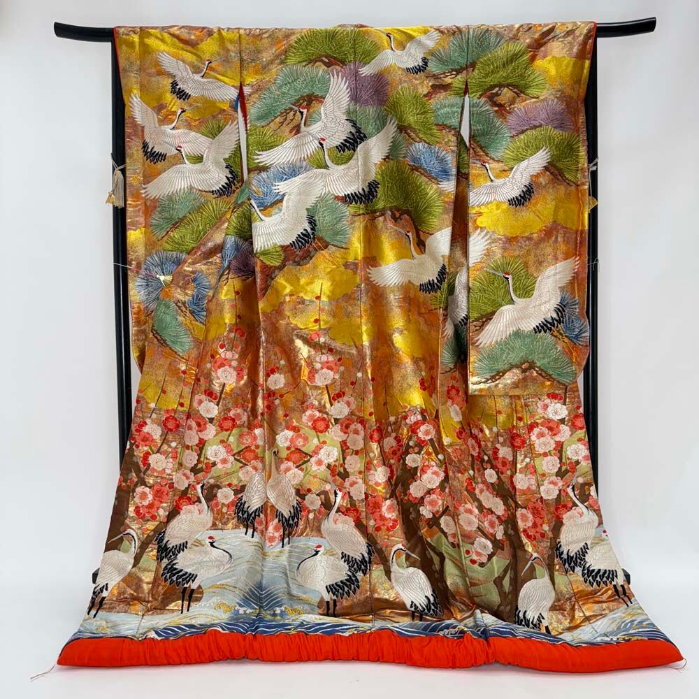 色打掛 正絹 鶴 刺繍 金 緑 打掛 花嫁衣裳 婚礼 リサイクル 中古 ブライダル ウエディング 着物 4917