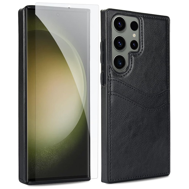 JSCOMYAP Samsung Galaxy S23 Ultra 用ケース PUレザー ICカード収納 背面 手帳型 スマホケース + 强化 ガラスフィルム グ スタンド機能付き 携帯ケース 耐衝撃 横置き機能 Case Cover ギャラクシーs23 ultra s23ウルトラ SC-52D SCG20 対応 カバー メンズ 6.8インチ(ブラック)