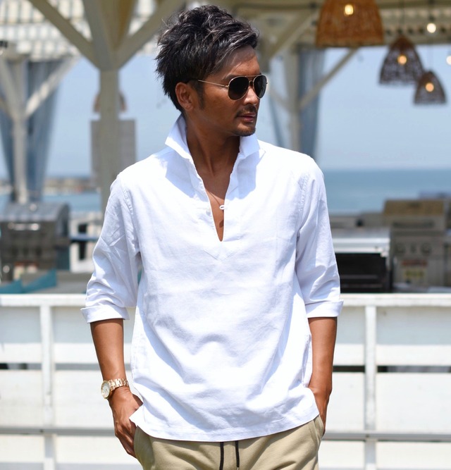 22 夏 新作 綿 麻 カプリ シャツ 7分袖 メンズ リネン 清涼感 無地 リゾート サーフ Surf 海 ビーチ コーデ 海外 ファッション Old Rookie