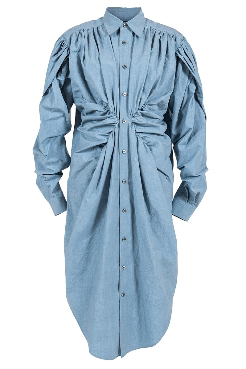 ギャザーシャツワンピース サックスブルー