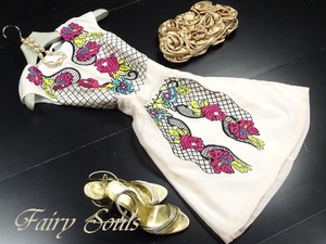 送料無料 未使用 発表会 舞台衣装 パーティ 鮮やかな 花柄刺繍 ワンピース 9号 M [OPN8902]