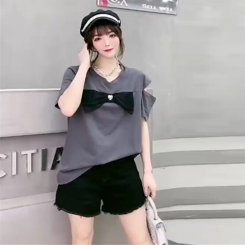 ラウンドネックストラップレスシャツ サマーリボン 大きめサイズ 大人ガーリー スウィート キュート カジュアル 夏物 Oネック ミックスインファッション30355328994