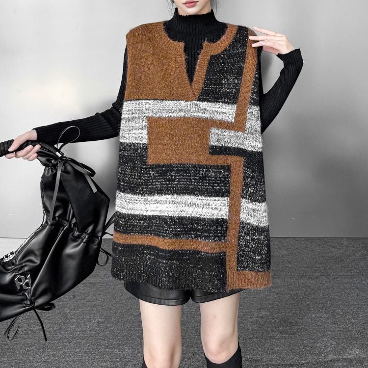 SPLIT NECK OVERSIZED PULLOVER KNIT VEST 1color M-15496