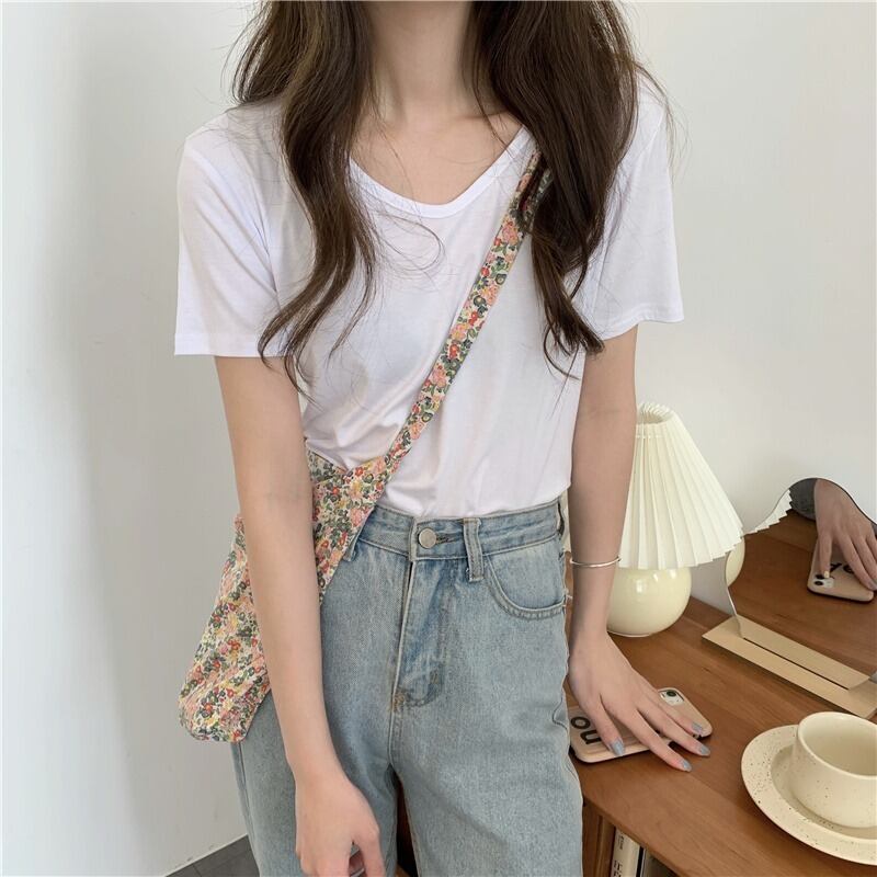 ショートトップス サマーTシャツ 薄手Vネックホワイト 夏物 1号婦人78471988