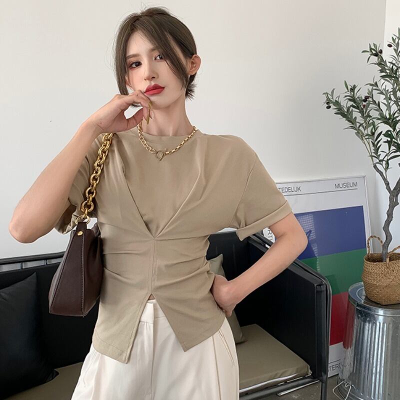 スタイルTシャツ レディースウェスト薄手トップス プリーツ ハンチェンe86802987307