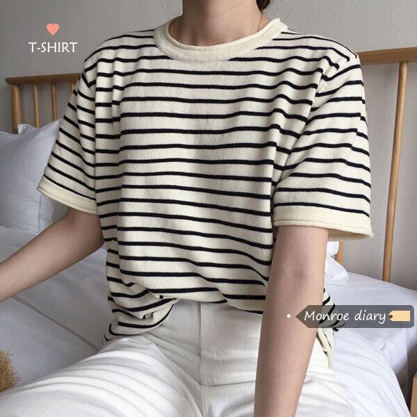 ストライプ薄手ニットTシャツ シャツ スプリングルーズトップス 春物 モンロー3671752