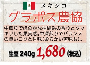メキシコ グラポス農協 SHG JAS有機栽培豆使用（メキシコ）生豆240gを焙煎
