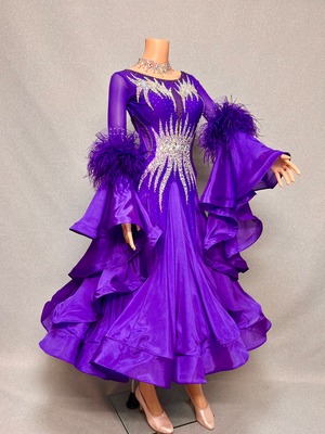 【新着】社交ダンス ドレス　モダン　スタンダード ドレス　ST-26-8　　パープル（袖ファー）　M　デモ・競技用ドレス　発表会　衣装　パーティドレス　ワンピース　舞台衣装