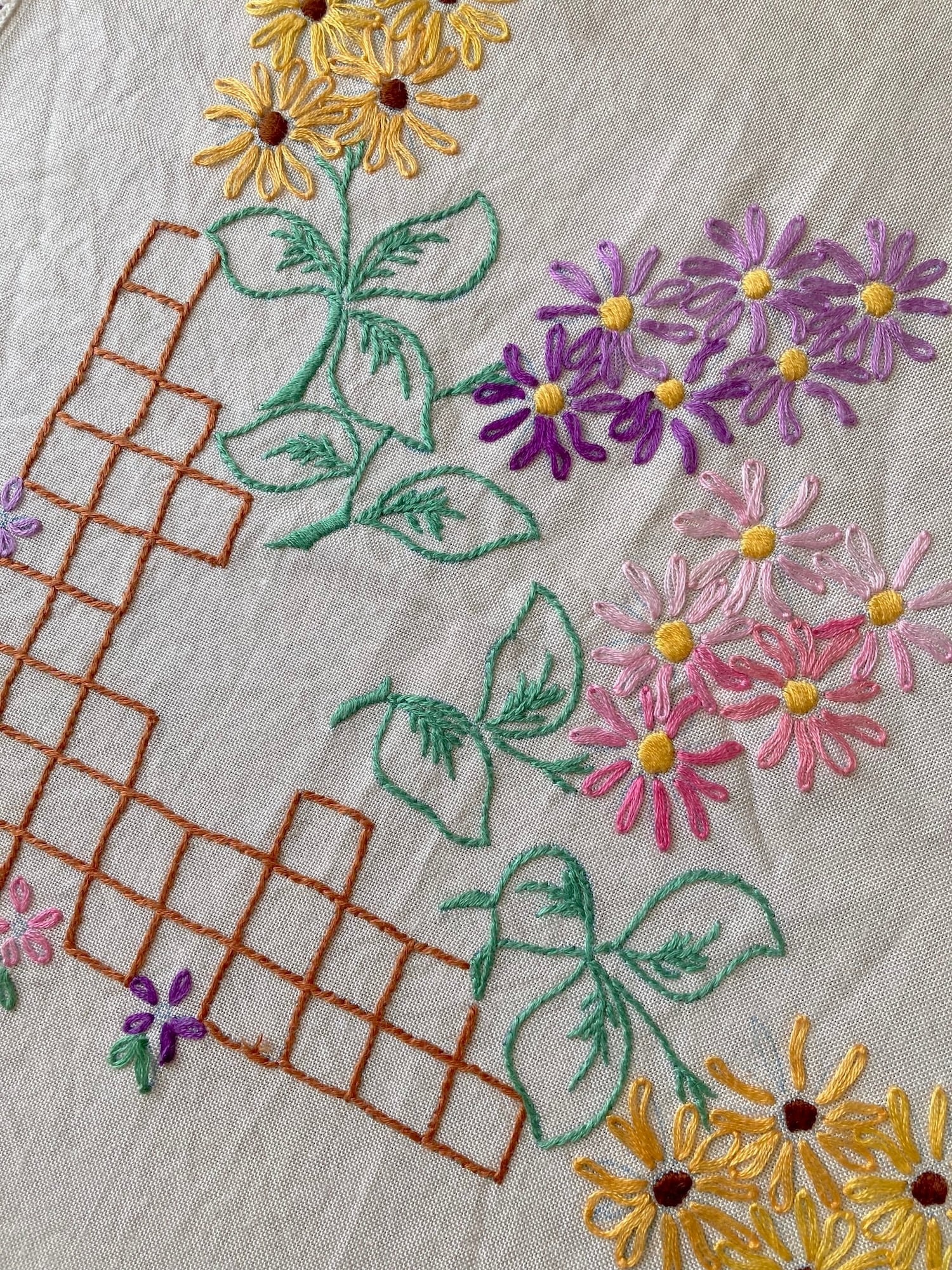 ヴィンテージ 生成り ハンドステッチ 刺繍 正方形 テーブルクロス