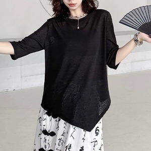 SOLID ROUND NECK IREGULAR HEM 3/4 SLEEVES TOP 2colors M-8939