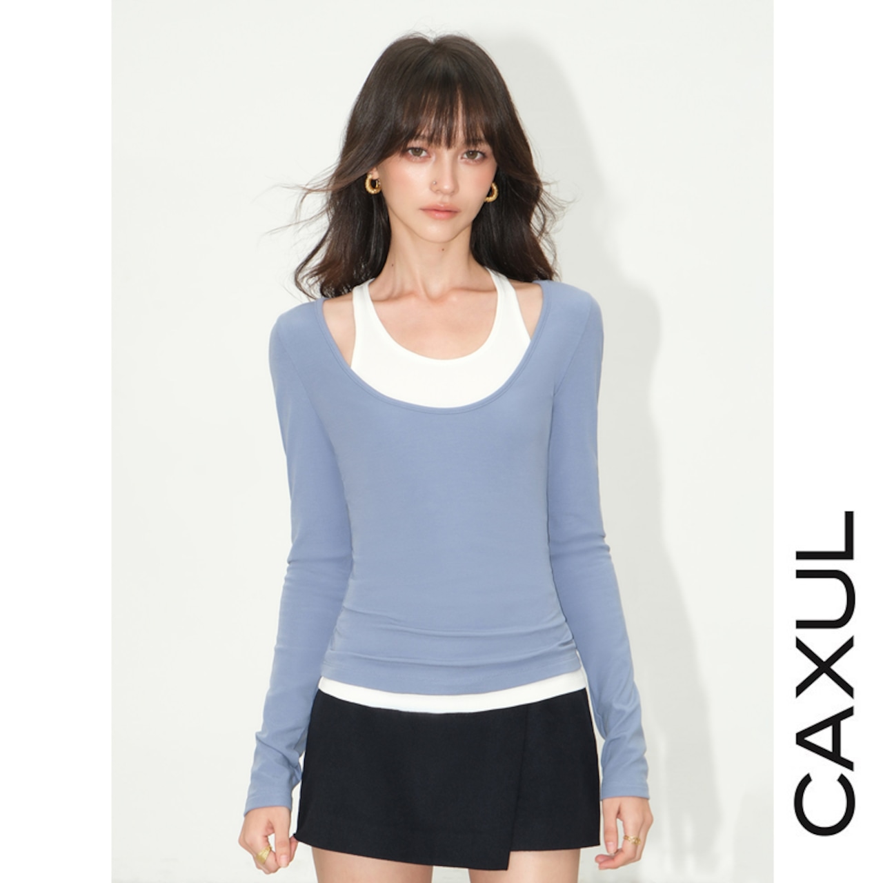 Deep U-Neck Layered L/S Top 2PCS SET