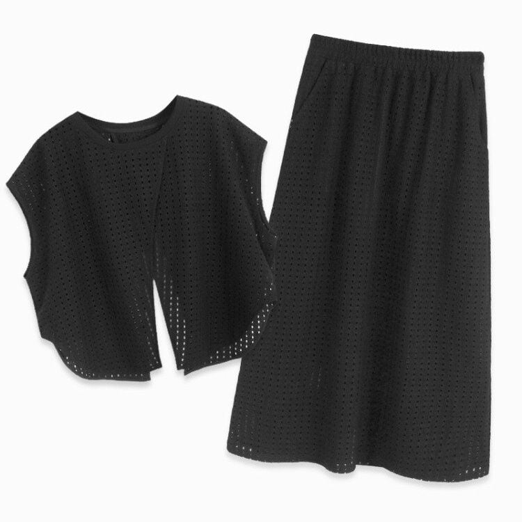 SOLID MESH DESIGN VEST & MIDI SKIRT SET 2pieces 2colors M-14048