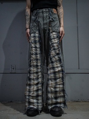 【add(C)vintage】"Original Remake" Levi’s Multiple Panels Pattern Ombre Check Shearing Design Rave Baggy Denim Pants