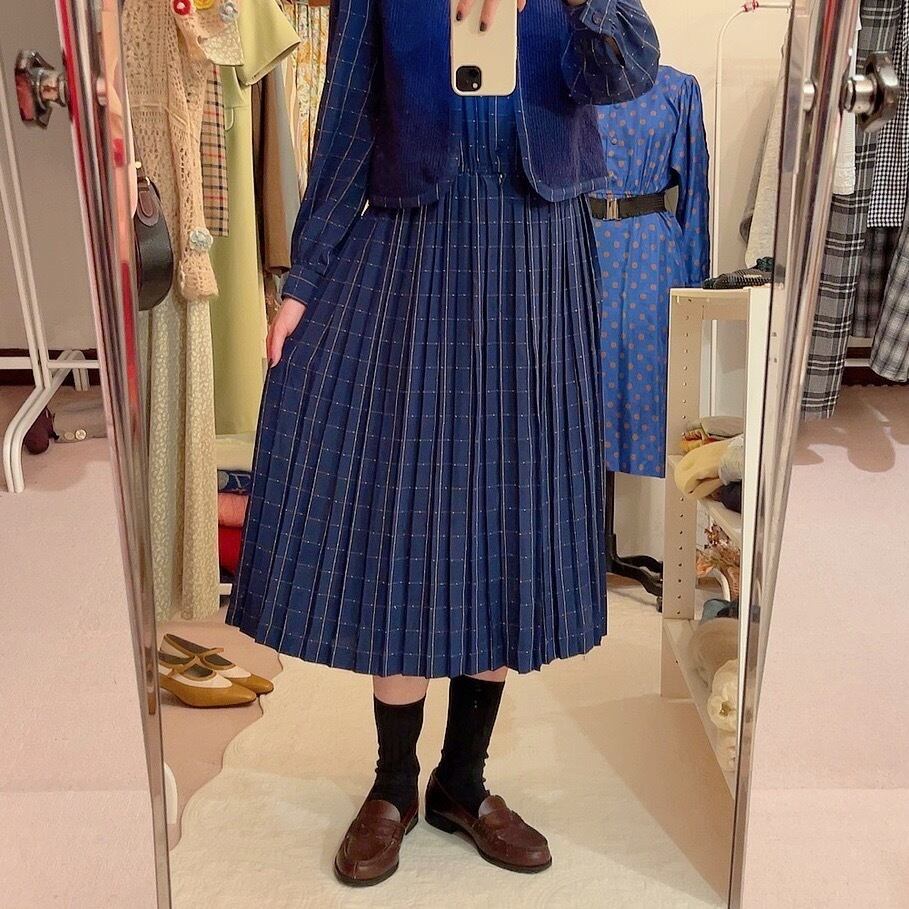 navy white check vest set one-piece