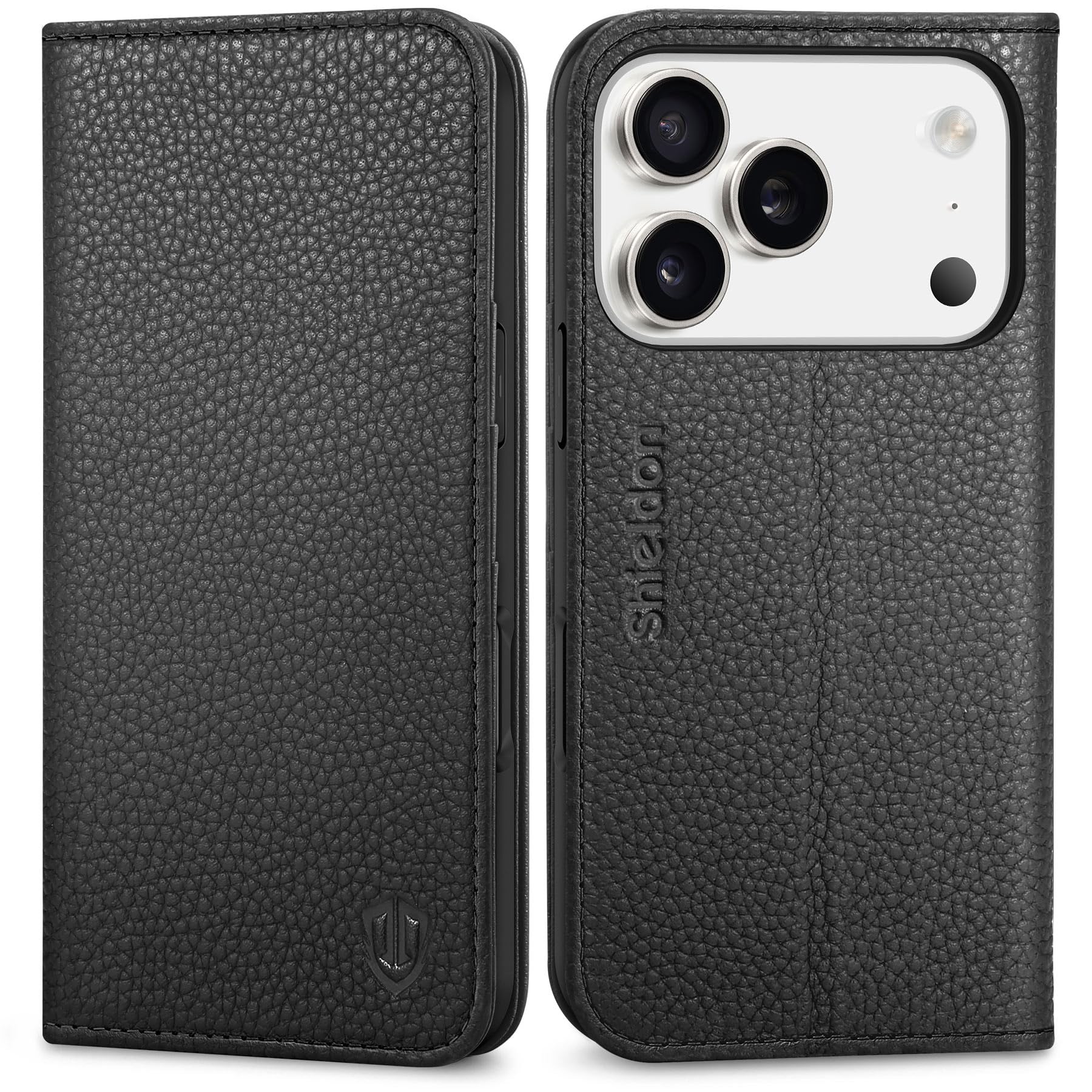 SHIELDON iPhone 18Pro/17Pro対応手帳型ケース 本革 2026年発売 6.3インチ 5G ライチブラック