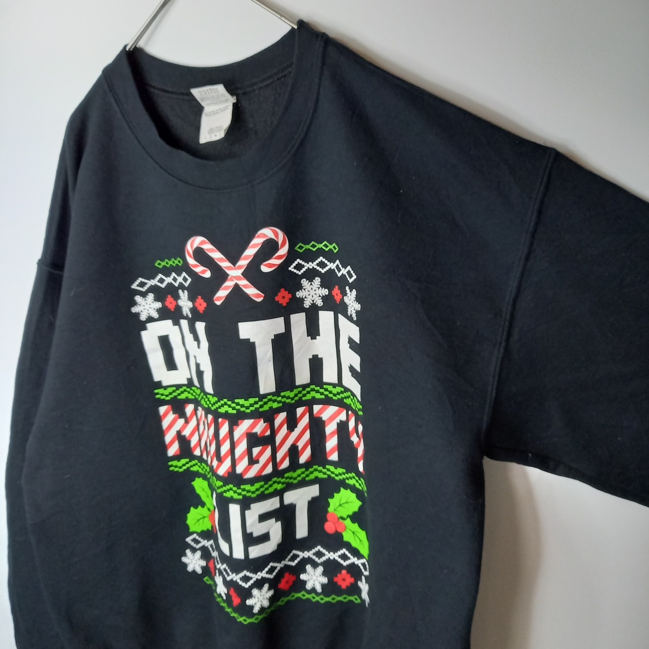 ギルダン　クルーネック　プリント　スウェット　トレーナー　ブラック　L