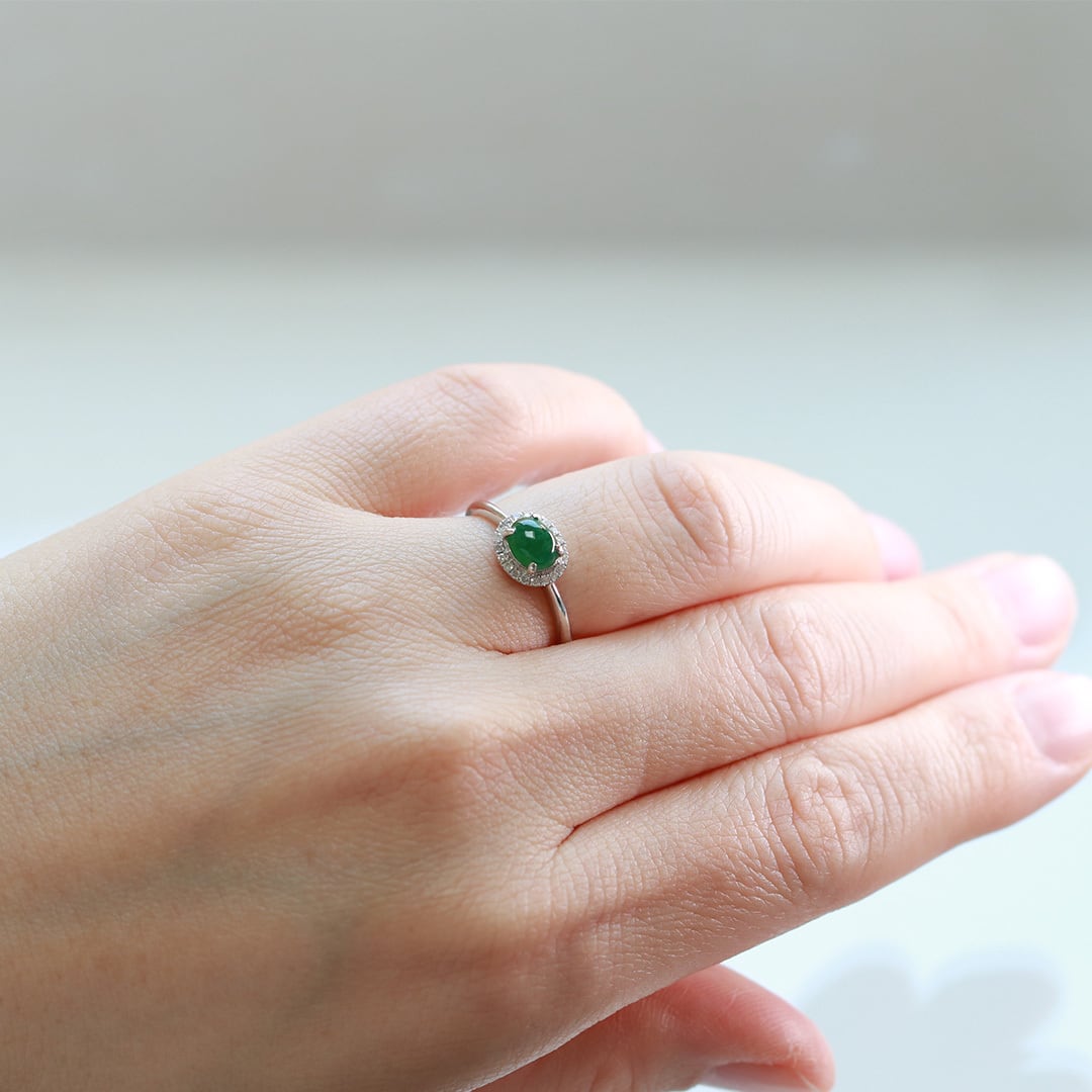 うる艶グリーン翡翠リング K10YG forest green jade diamond A貨翡翠