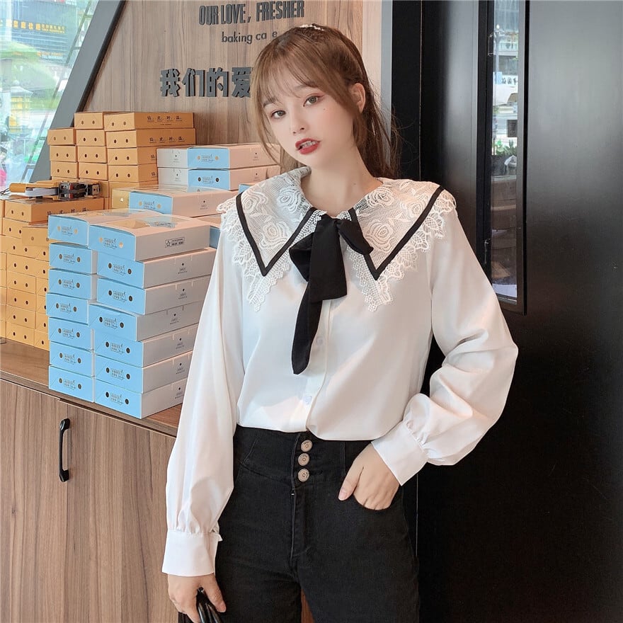 レースカラーリボンホワイト 白シャツ レディース ロング マキシロング