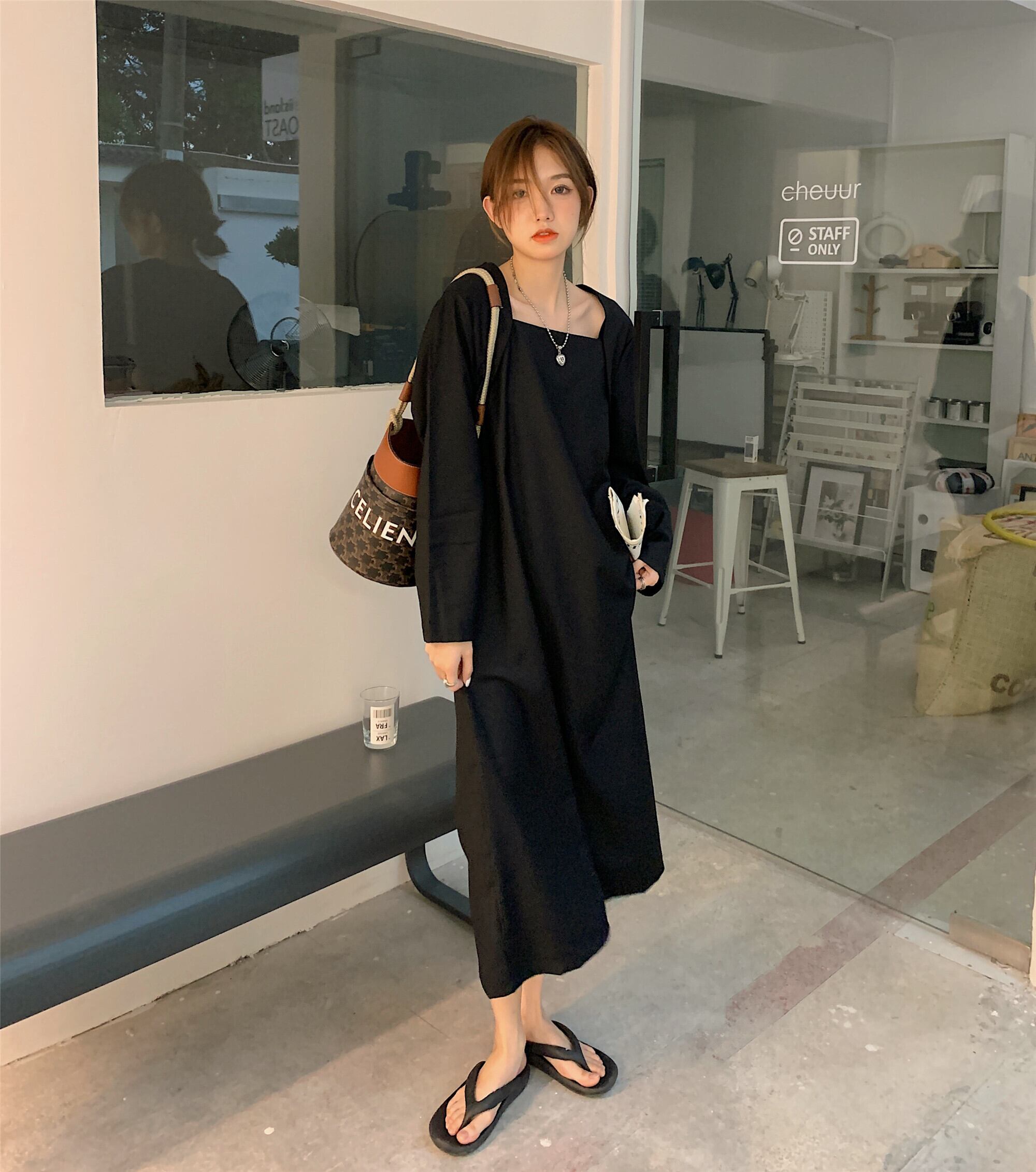 スタイルブラックロングドレス オータムスカート 秋物 スクウェア モンロー3027291215