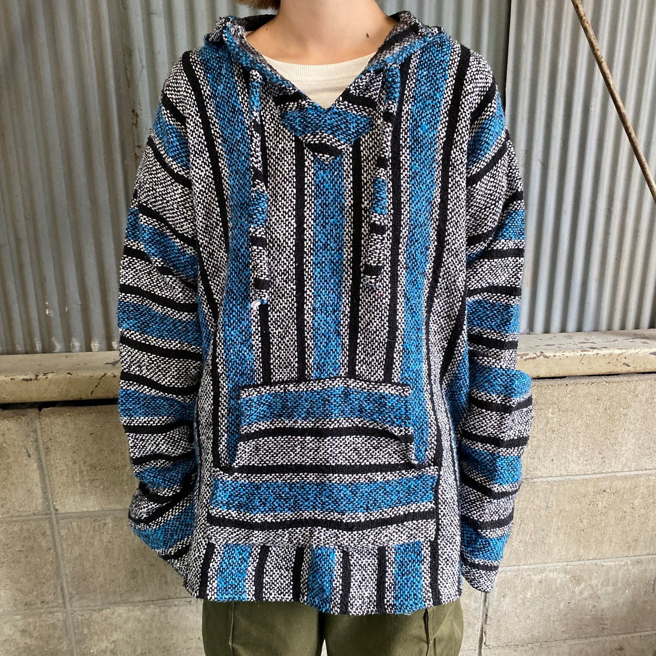 メキシコ製 メキシカンパーカー ラグパーカー メンズL 古着 ブルー 青 