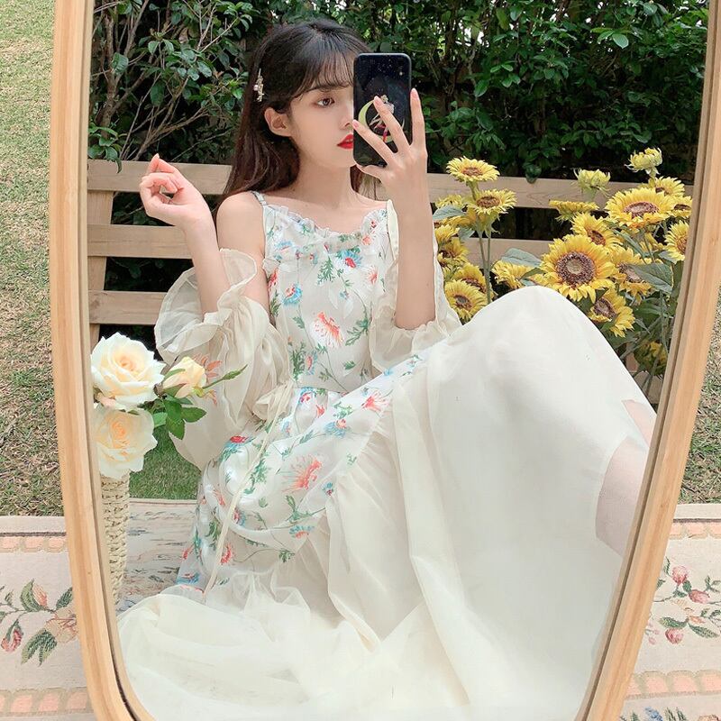 スカート スプリングスタンダードフローラル薄手ロングドレス レトロ 春物 花柄 萌量不足36367125765