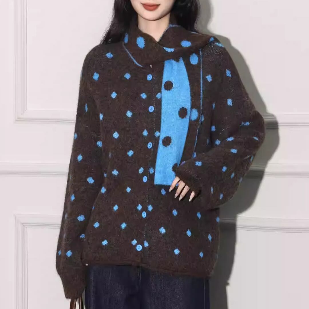 Retro Round Neck Blue Polka Dot Knit Cardigan (CF102)