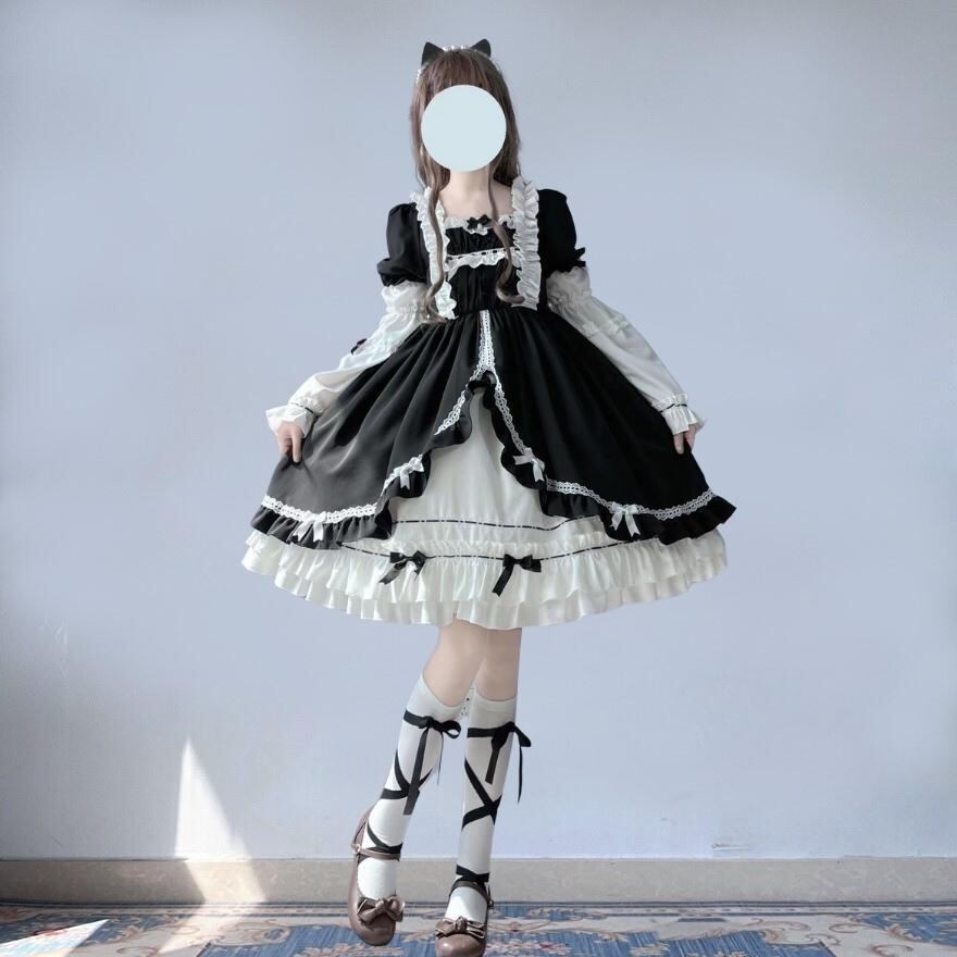 ロリータ 甘ロリ レトロ トランペットスリーブ エレガント フリル