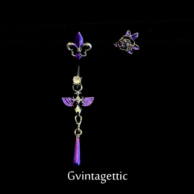 【Cvintagetticシリーズ】★耳飾り★ ピアス ペア 飾り物 レディース アクセサリー 個性的 非対称 パープル 紫