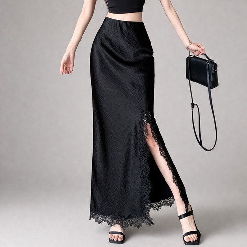 satin slit lace skirt / l0436
