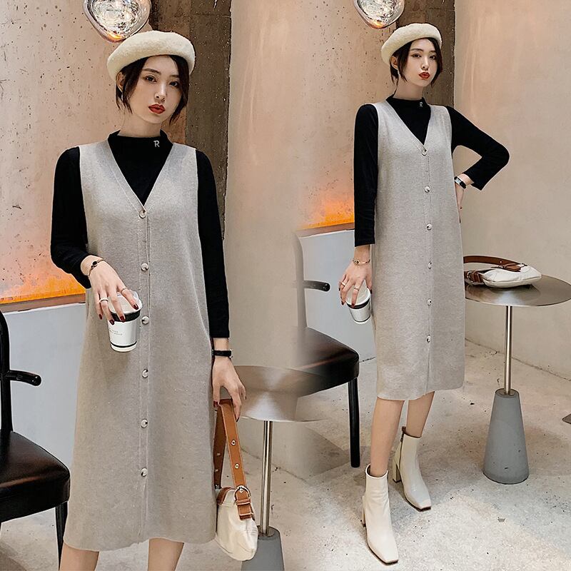 【新作】【送料無料】 マタニティウェア2019秋のマタニティドレスハーフハイネックボトミング長袖+セーターベストスカートツーピース妊婦-アリババ ロング オータム 秋物 expec290252768858