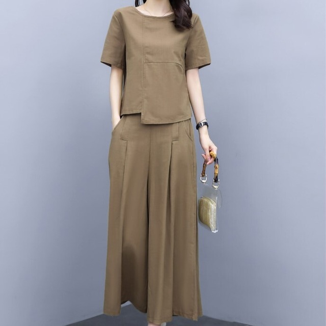 トップス パンツ セットアップ ワイドパンツ ロング ロング丈 袖あり 半袖 ラウンドネック ワイド Aライン ポケット 上下セット 2点セット 大人可愛い シンプル カジュアル 大人 おしゃれ お洒落 アジアン エキゾチック 大人可愛い 大人女子 ラフ メンズライク ボーイッシュ とろみ感 抜け感 無地 お泊まり 休日 リゾート 着回し 普段使い 楽ちん ゆったり ゆる