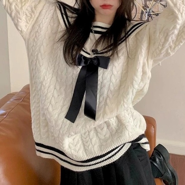 ニット セーター レディース トップス プルオーバー セーラー風 長袖セーター ケーブル編み カジュアル 大人 おしゃれ 大人可愛い 大人女子 存在感 秋 冬 デート お出かけ 休日 旅行 普段使い 暖かい 防寒 体系カバー 送料無料 フリーサイズ ゆったり サイズ ホワイト