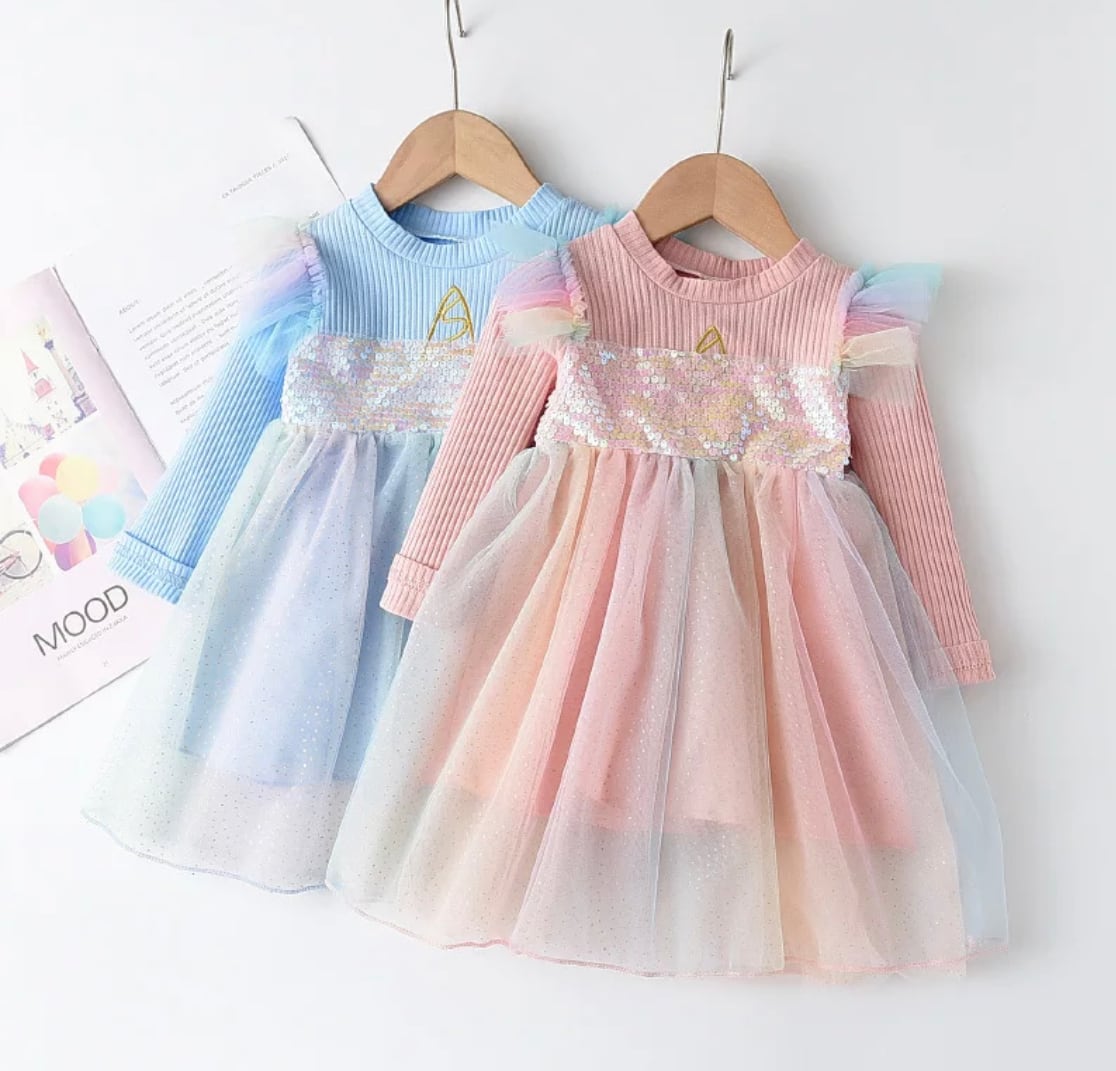 ユニコーンスパンコールニットドレス》》》》》ワンピース 海外子供服 レインボー お誕生日 プチプラ