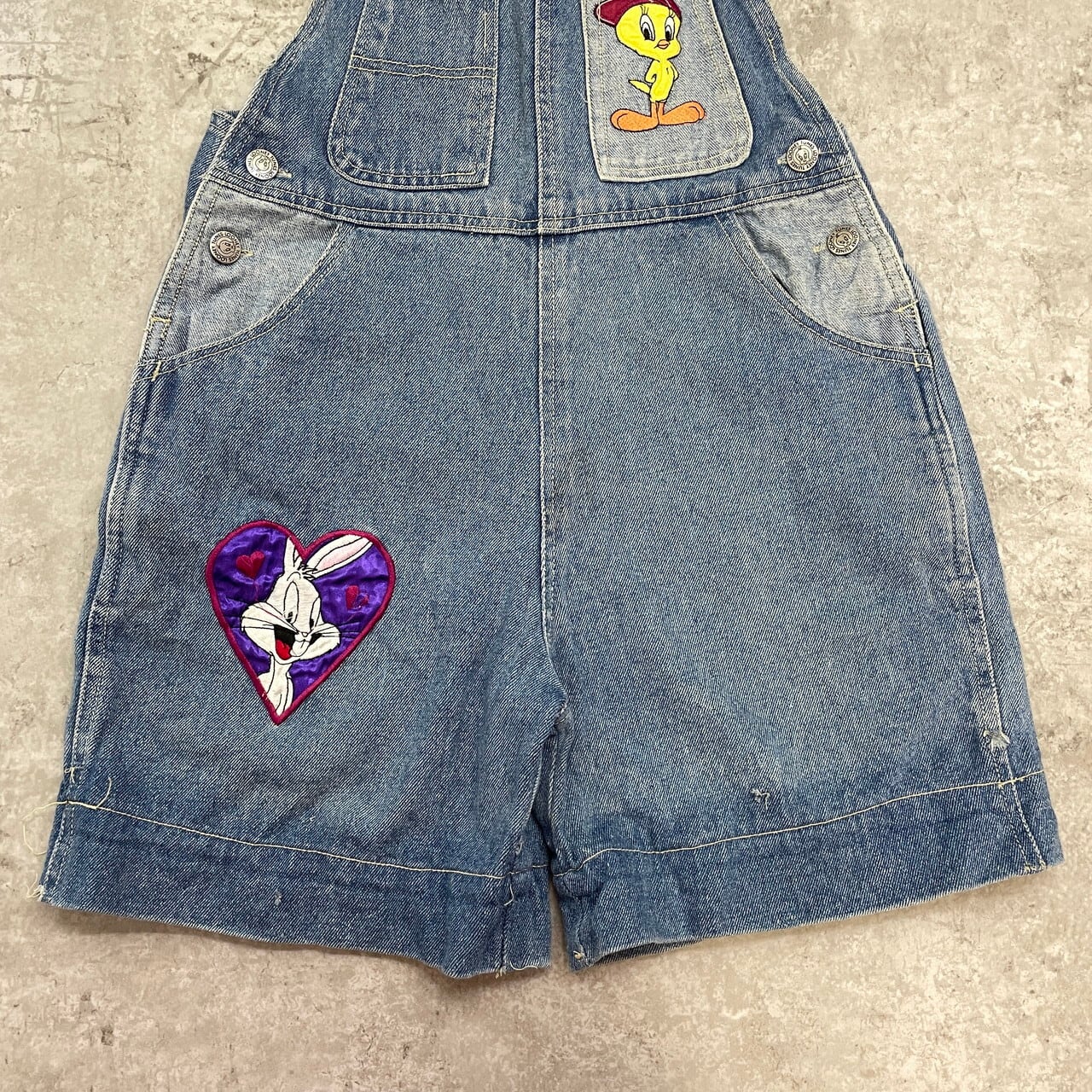 90s'ビンテージLONEY TUNES刺繍オーバーオール kids】90年代 ワーナー・ブラザース LOONEY TUNES ルーニー